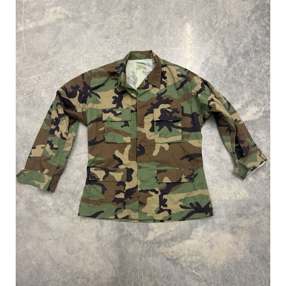 Vintage US Army Woodland BDU Shirt Large Long Combat Camo Jacket USA 90s